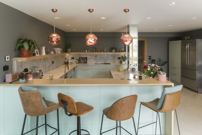Contemporary Kitchen with solid oak worktop seating area