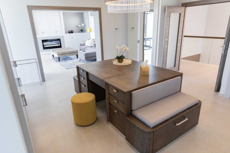 Stained oak island with seating area