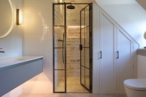 Angled bathroom storage cabinet