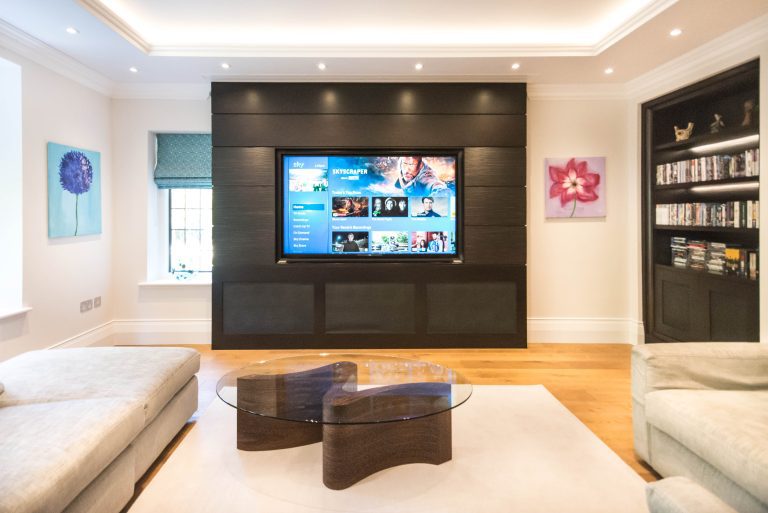 Media unit in dark stained oak and ripple board
