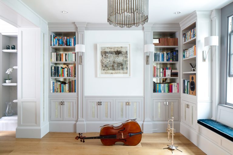 Music room with antique mirror slips
