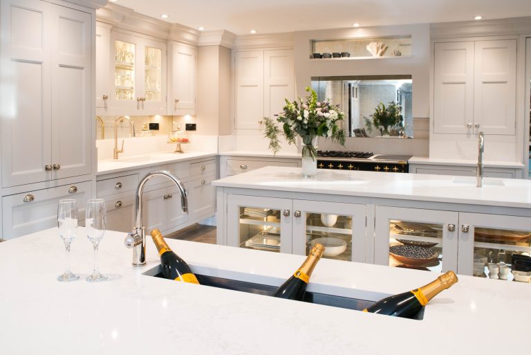 Kitchen island with a built-in champagne/wine trough