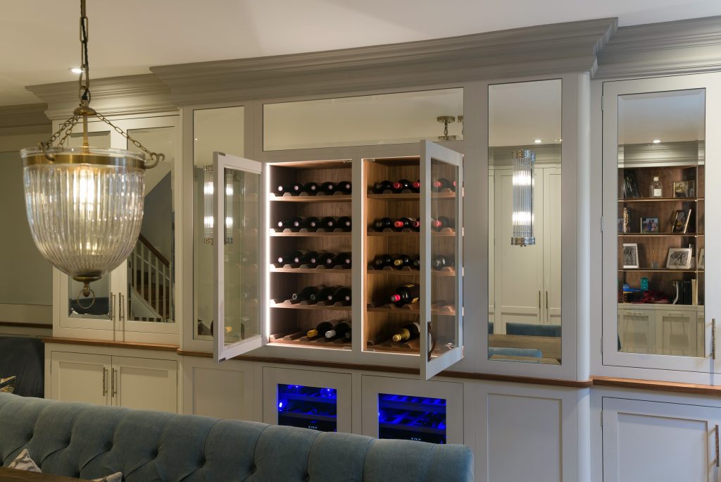 Fitted wine storage cabinet with angled bottle racks