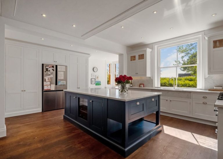 Kitchen with navy cabinetry and wood flooring