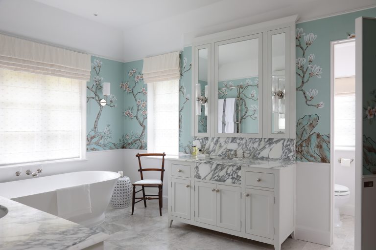 Bathroom vanity with marble and mirrored panels